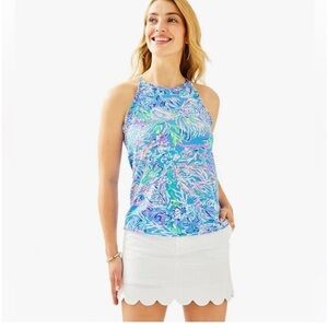 LILLY PULITZER Pima Cotton Womens Halter Tank Top | Ruffle high-neck coastal XS